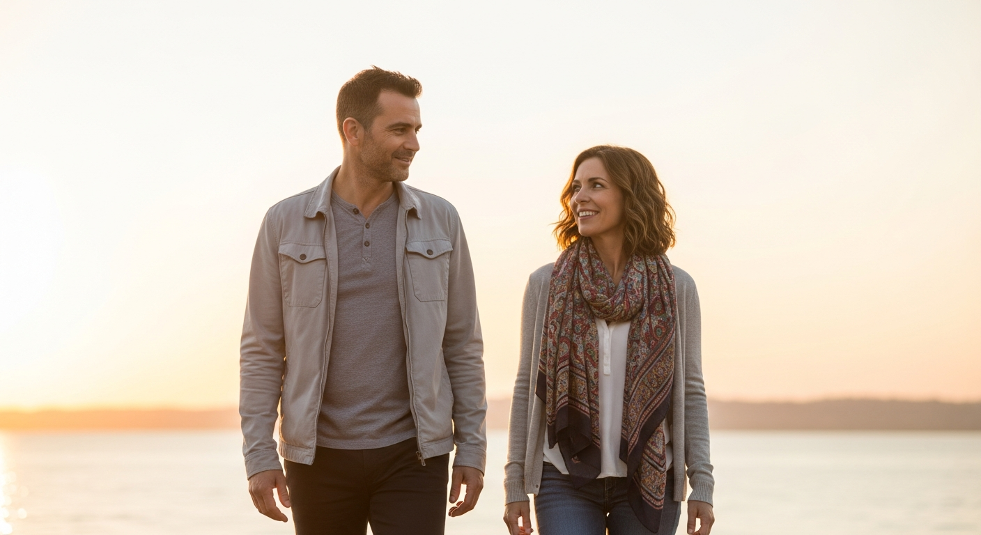 Couple walking side by side at sunset, symbolizing genuine and serious connections on Vidamora.