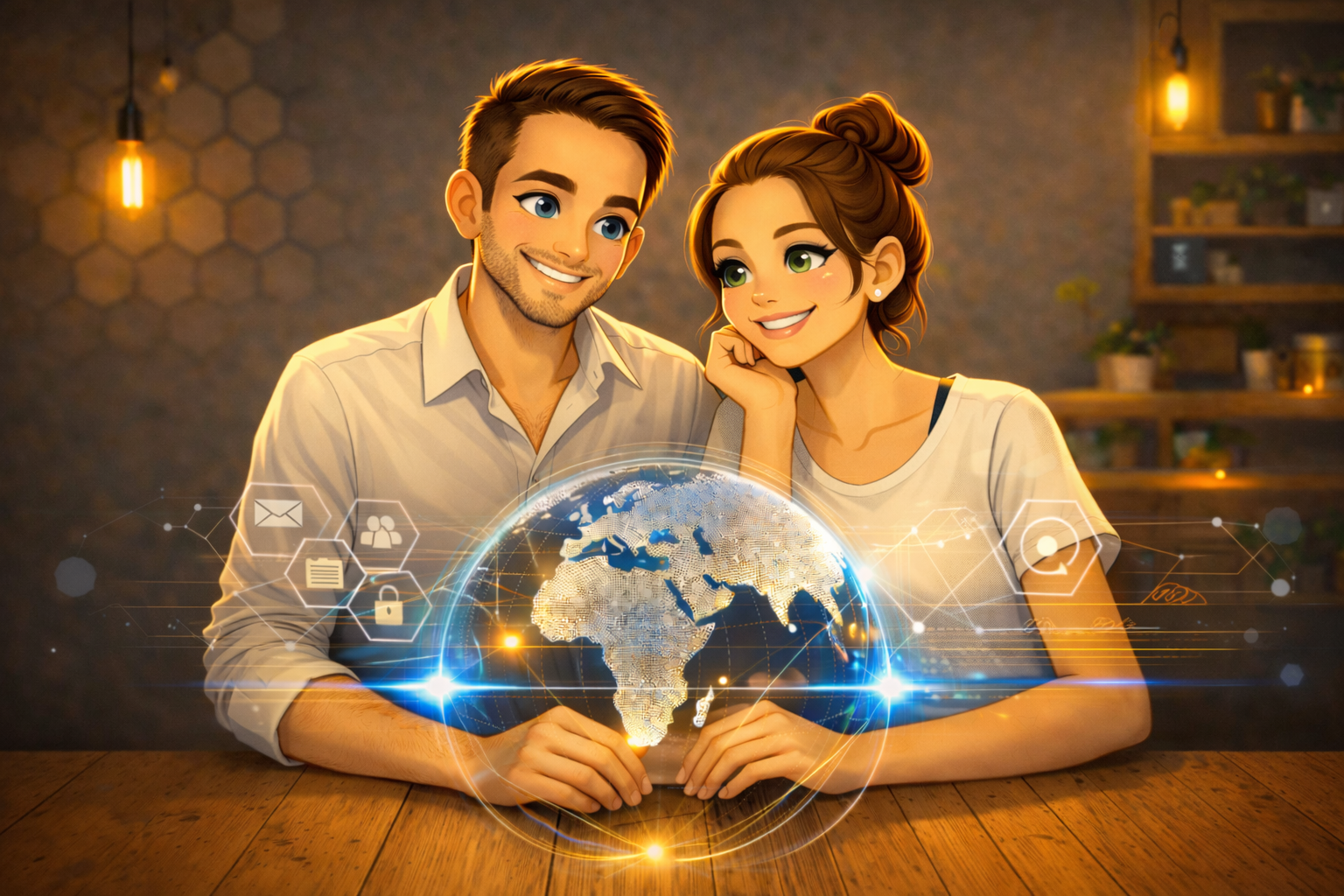 Pascal and Marie-Claude looking at a digital globe, symbolizing their vision of connecting hearts across the world through online dating.