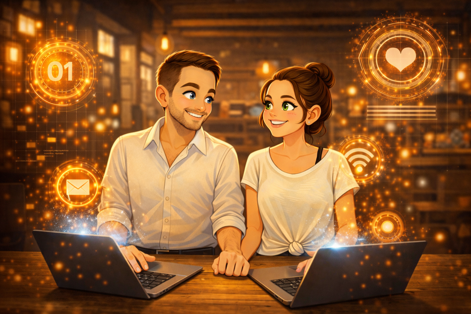 Pascal and Marie-Claude working together on their computers, representing the creation and development of their dating platform.