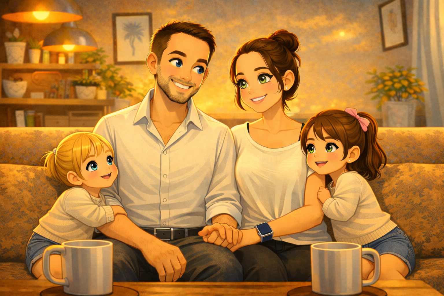Pascal and Marie-Claude sitting on a couch with their children, illustrating a united family and a lasting love built over the years