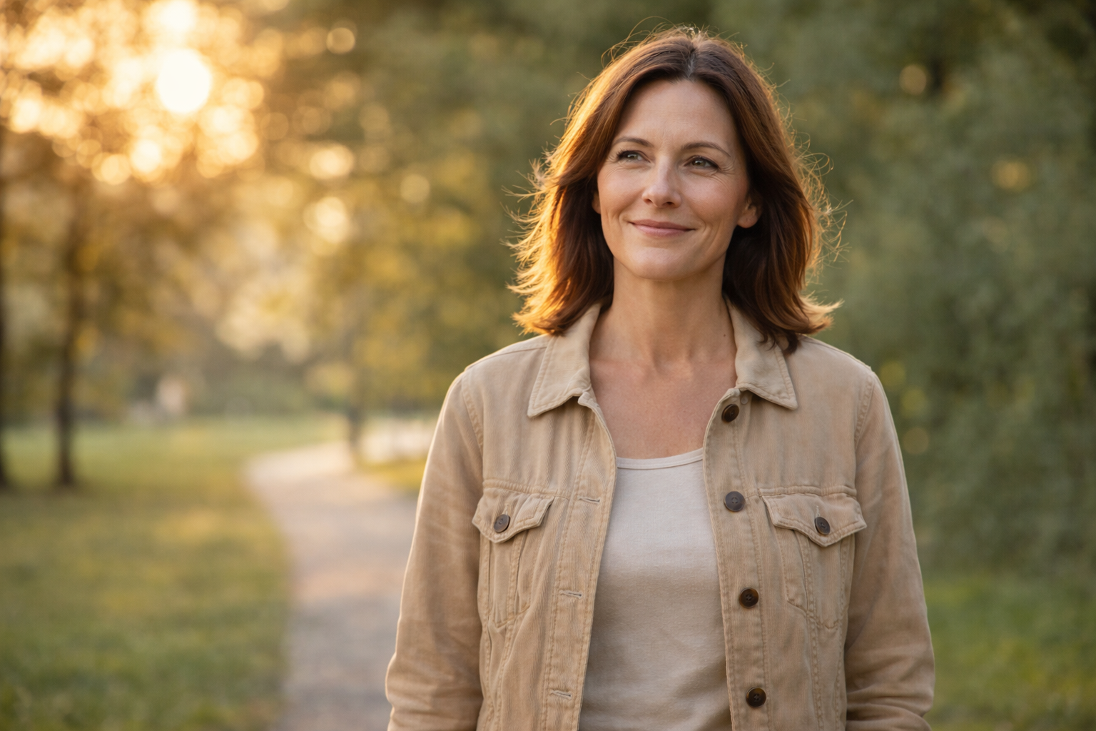 Smiling woman walking in a park, representing trust and authenticity on Vidamora.