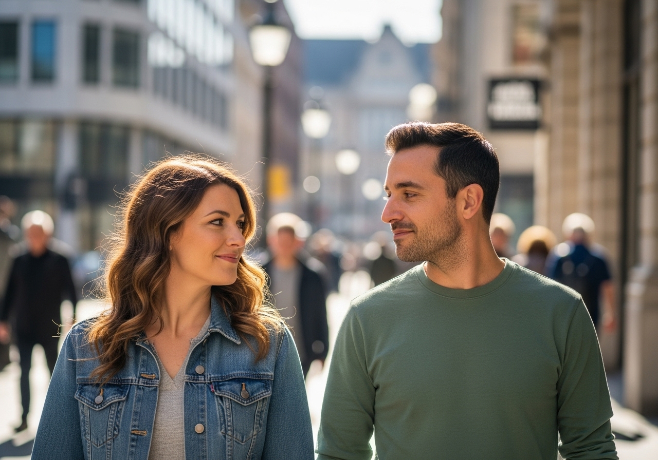 Eyes meeting between a man and a woman in a public space