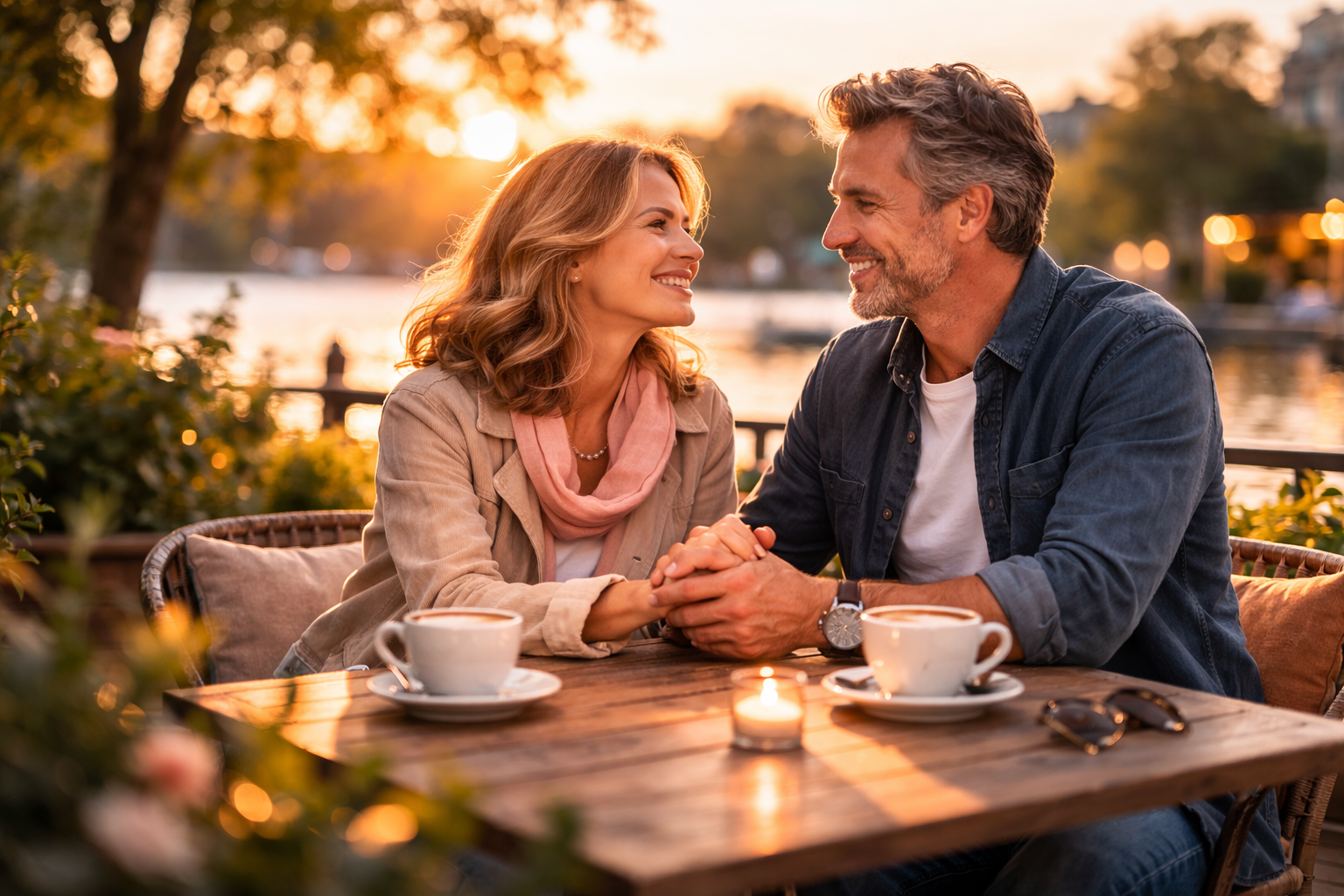 Pareja madura compartiendo un momento de confianza en un entorno de citas seguro.