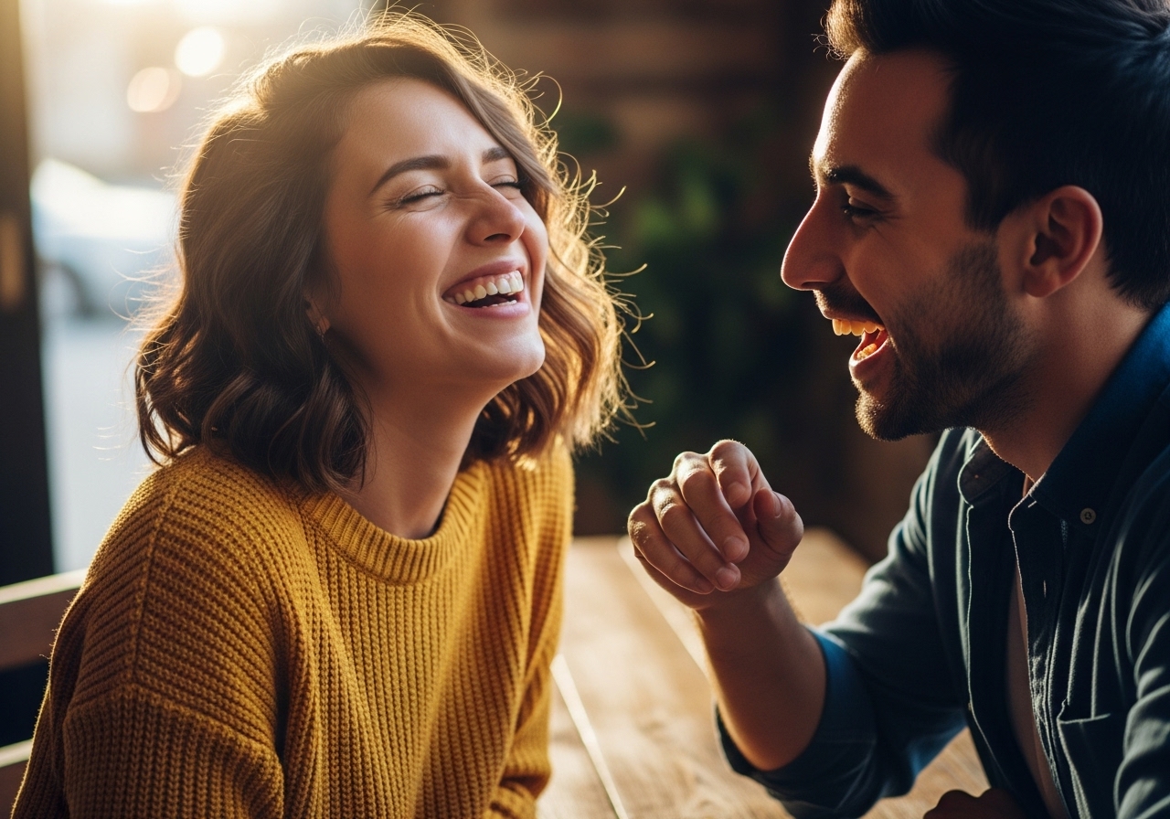 Shared laughter between two people showing mutual attraction