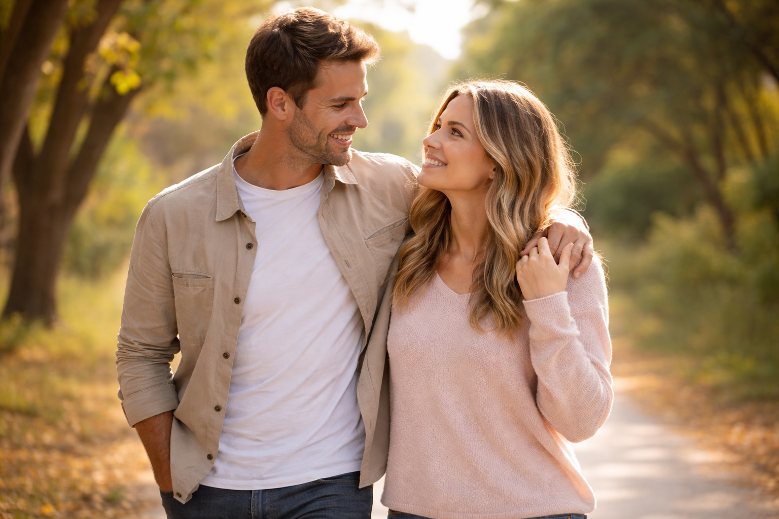 Pareja caminando con confianza, representando un sitio de citas seguro y humano.