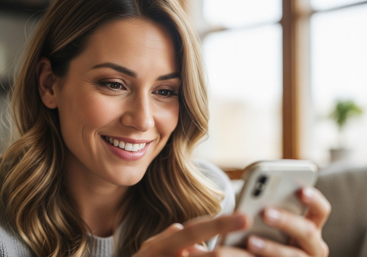 Smiling while reading a message, sign of mutual interest