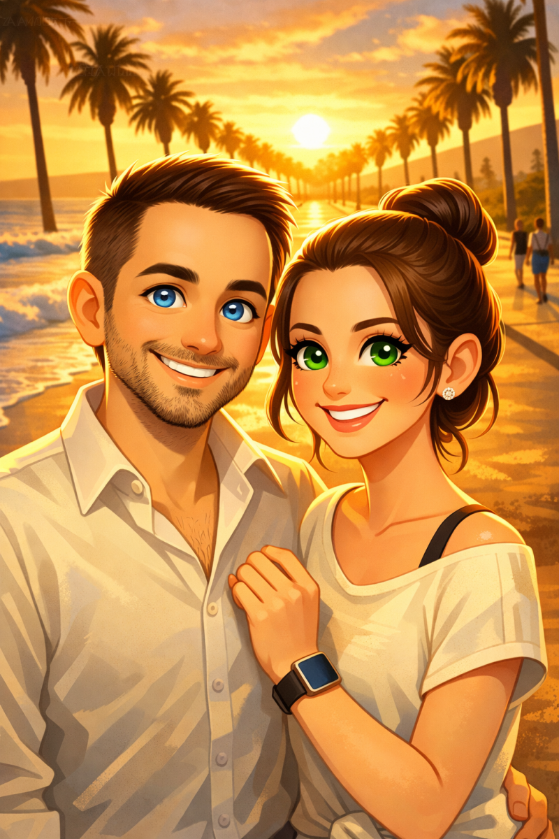 Pascal and Marie-Claude on a palm-lined beach in California, evoking their travels and the founding memories of their love story.