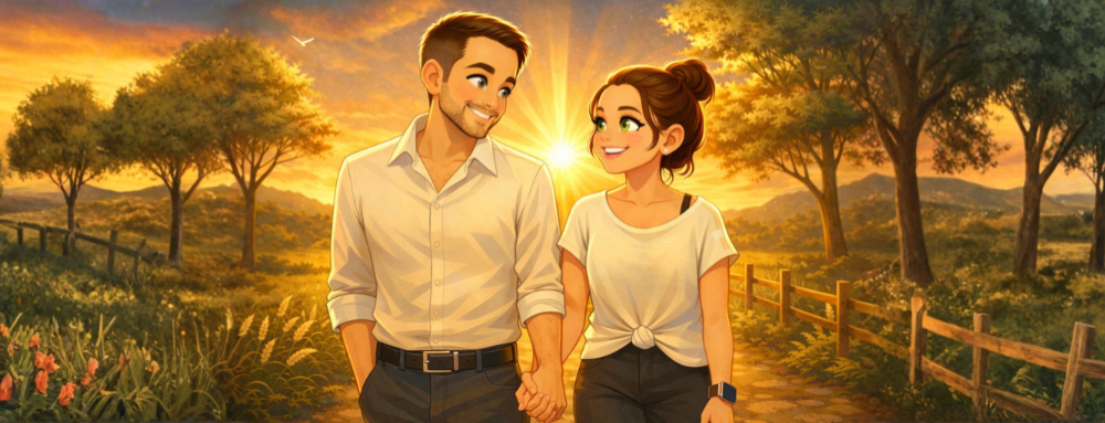 Pareja caminando de la mano al atardecer, símbolo de amor y complicidad.